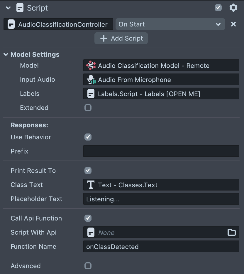 Image of the Audio Classification Controller script