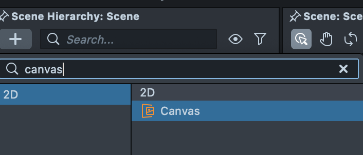 Lens Studio Scene Hierarchy panel with Canvas option highlighted in the dropdown menu.