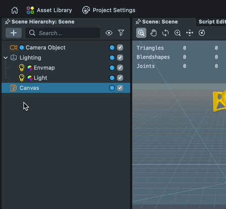 Animation showing the addition of a 2D screen object to the Canvas and its proper functioning with ScreenTransform.