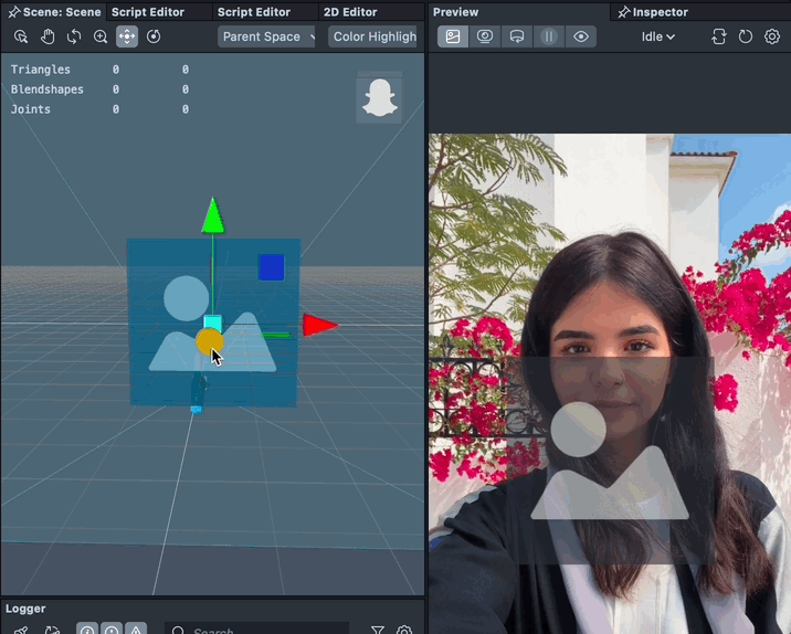 Animation demonstrating the modification of Canvas transform properties in Lens Studio.