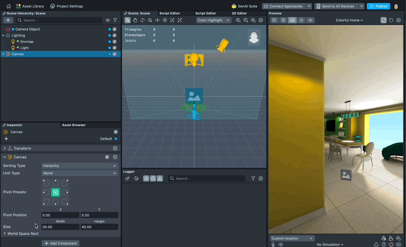 Animation demonstrating modifications to Canvas properties affecting child ScreenTransforms in Lens Studio.