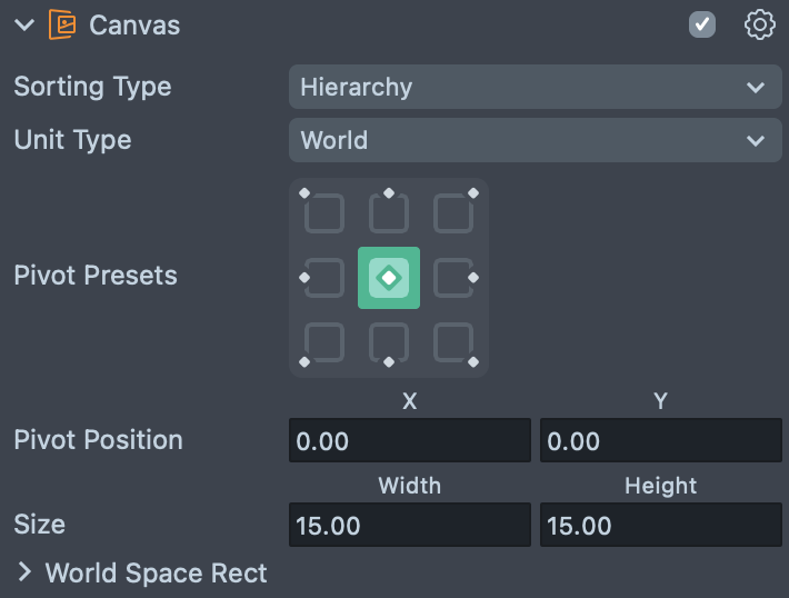 Canvas properties panel with size set to 15 in Lens Studio.