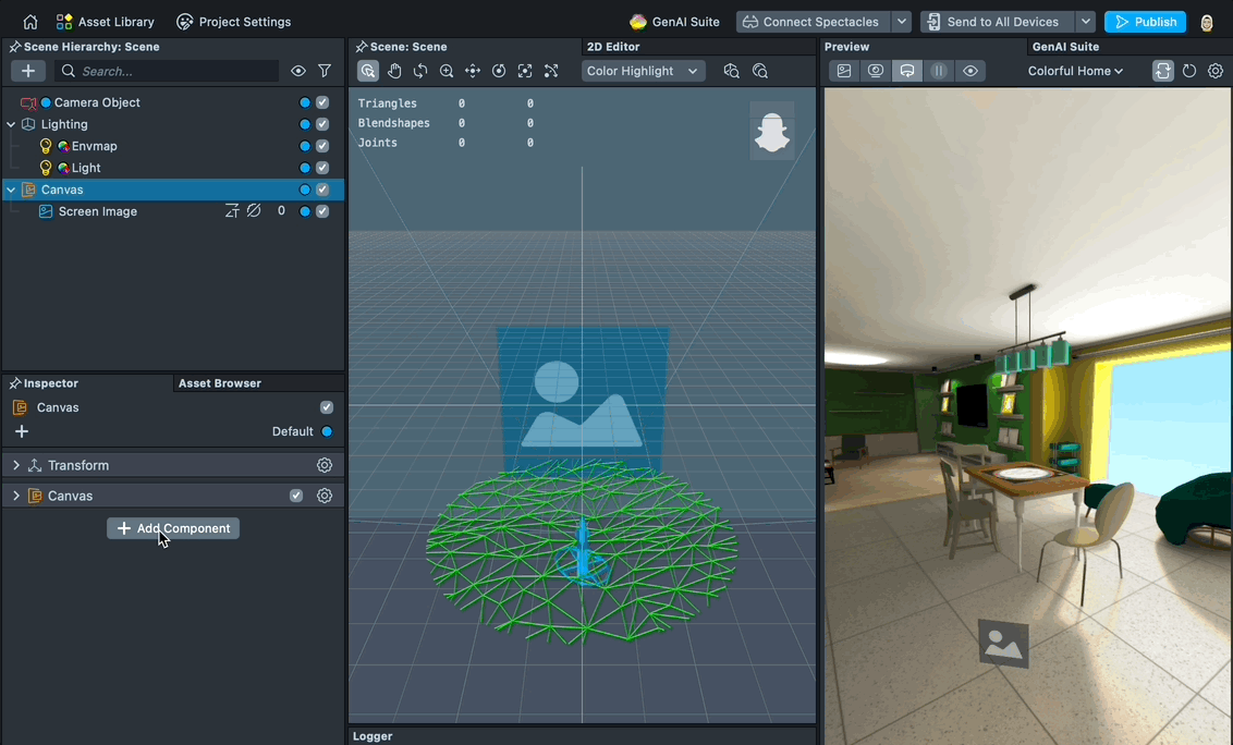 Adding an Interaction component to the Canvas in the Inspector panel in Lens Studio.