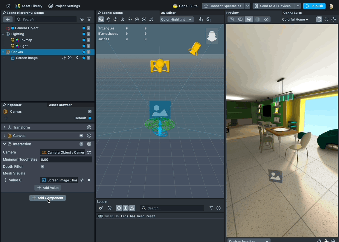 Animation demonstrating a Manipulate component allowing the user to drag an Image in Canvas by touch in Lens Studio.