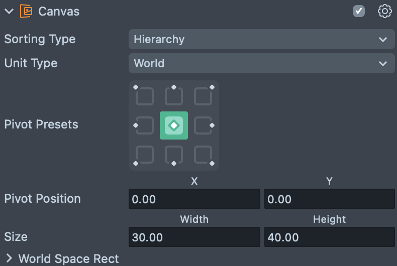 Canvas Component properties panel showing World Units selected as the default option in Lens Studio.