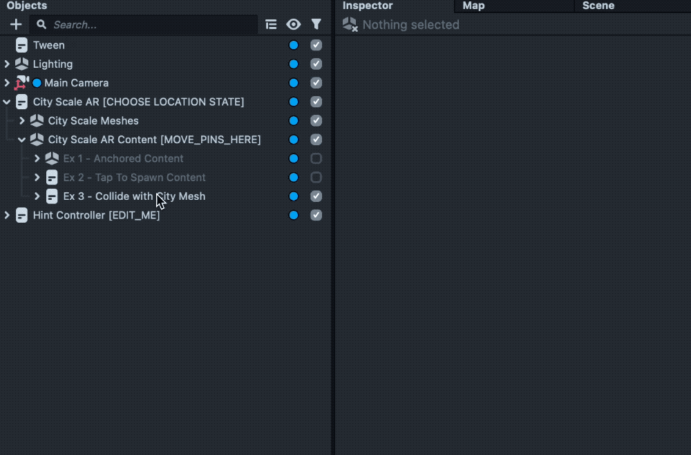 Selecting example 2 in the objects panel and replacing the dispensed prefab in the inspector panel.