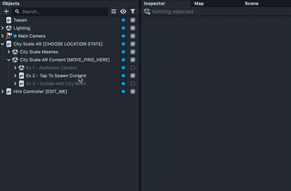 Selecting example 3 in the objects panel and replacing the spawned prefab in the inspector panel.