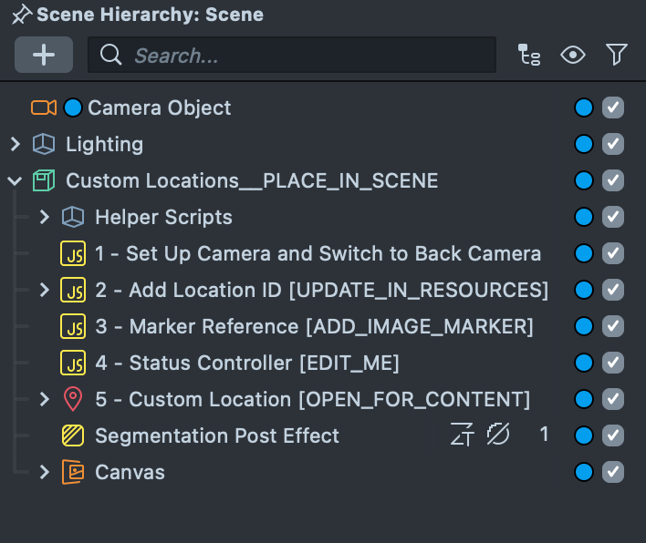 Image showing the Scene Hierarchy panel in Lens Studio with the five scene objects needed for Custom Location AR