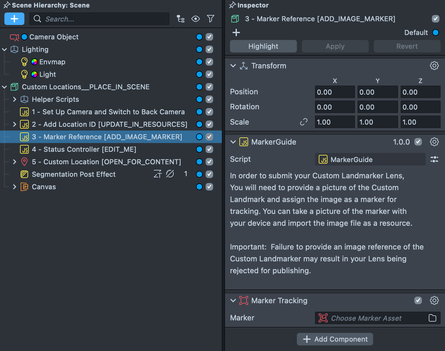Image showcasing the 2 - Marker Reference scene obejct with the Marker Input field highlighted
