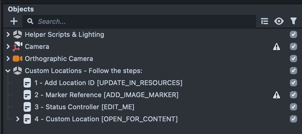 Image showing the Objects panel in Lens Studio with the four scene objects needed for Custom Location AR