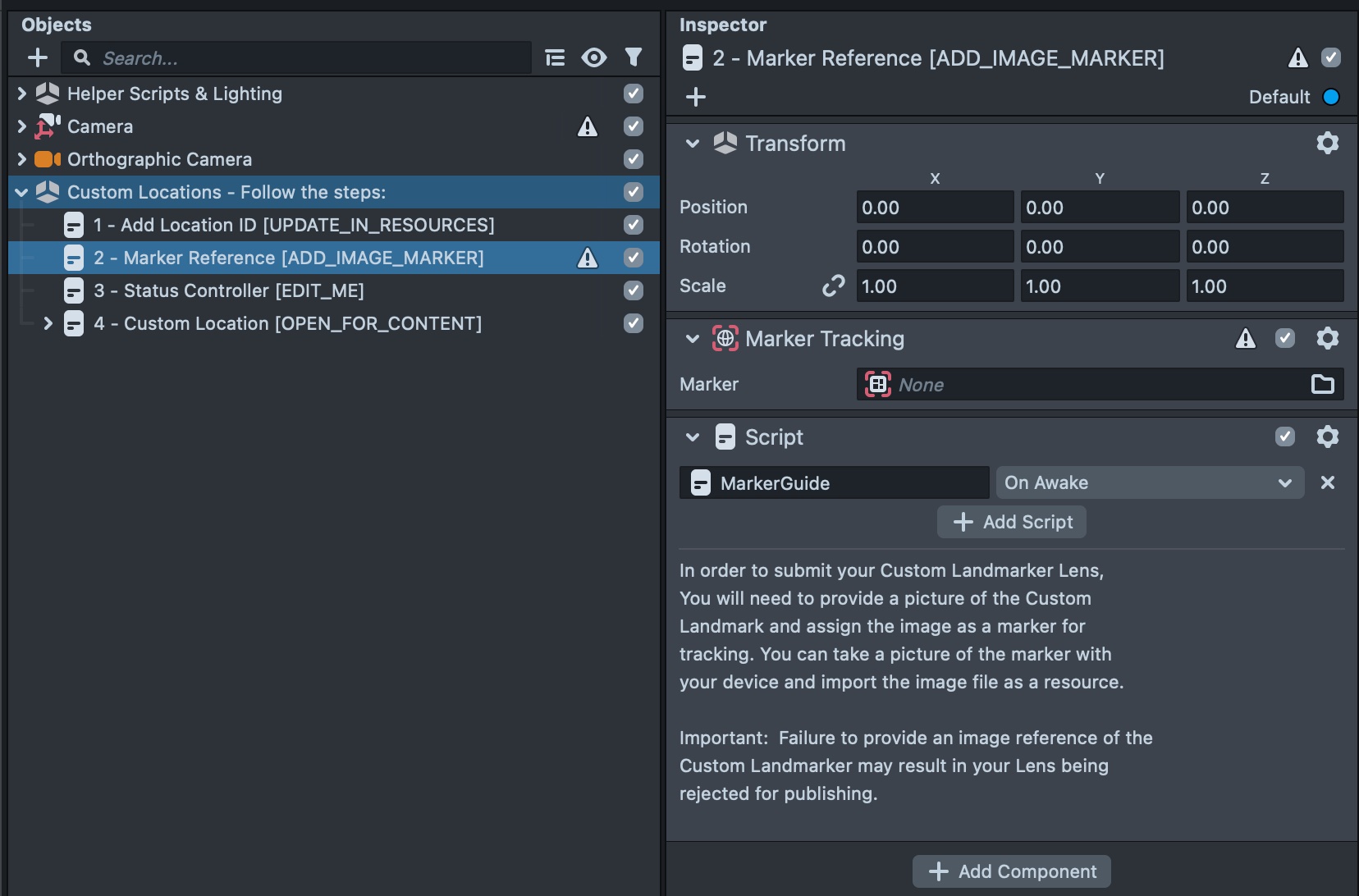 Image showcasing the 2 - Marker Reference scene obejct with the Marker Input field highlighted