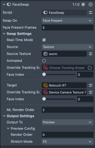 Screenshot of Face Swap component inputs