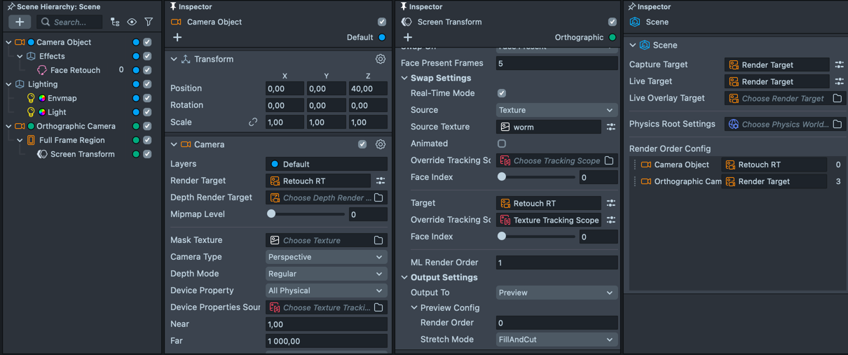 Screenshot of the Scene Hierarchy, along with Inspectors showing how to use the new Render Target
