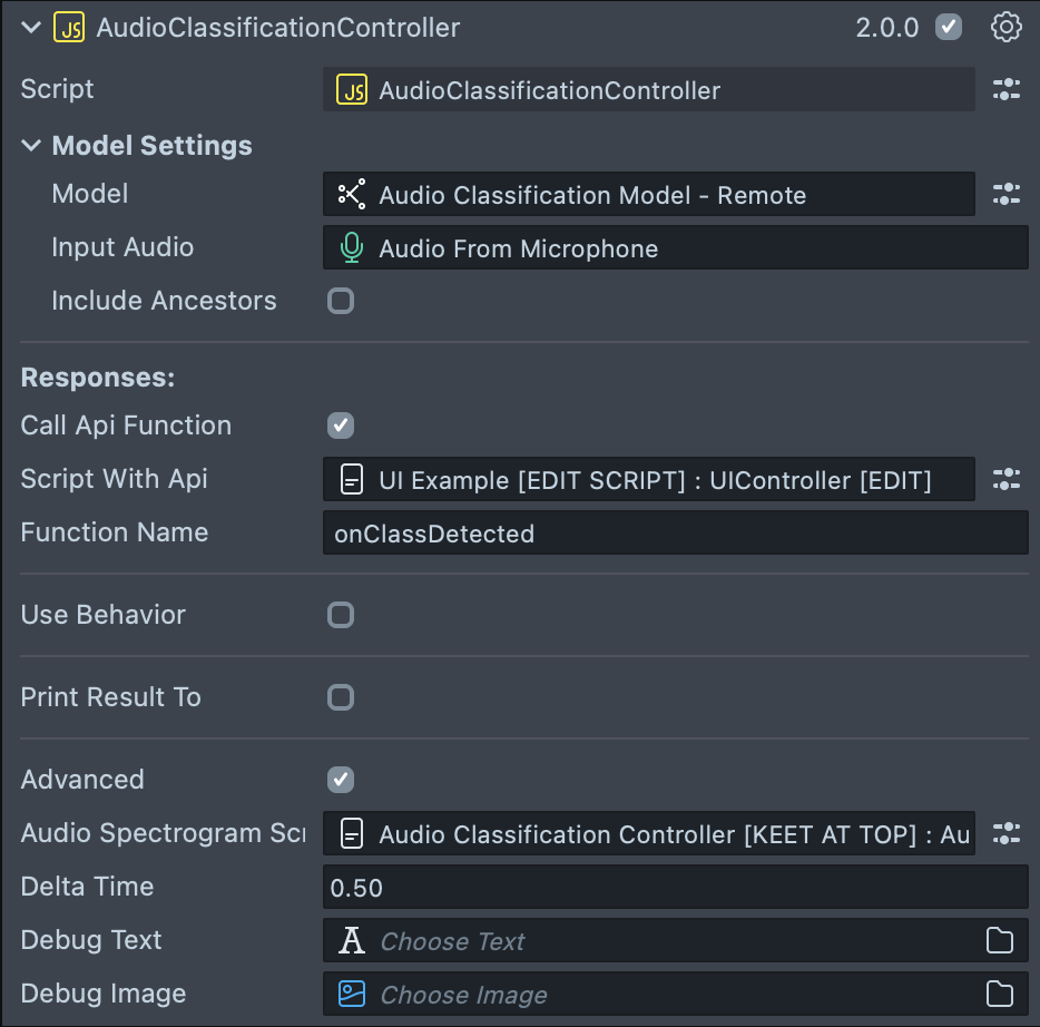 Image of the Audio Classification Controller script