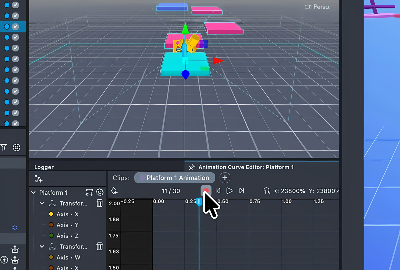 Animation Curve Editor toolbar with the active Record button shown as a red dot