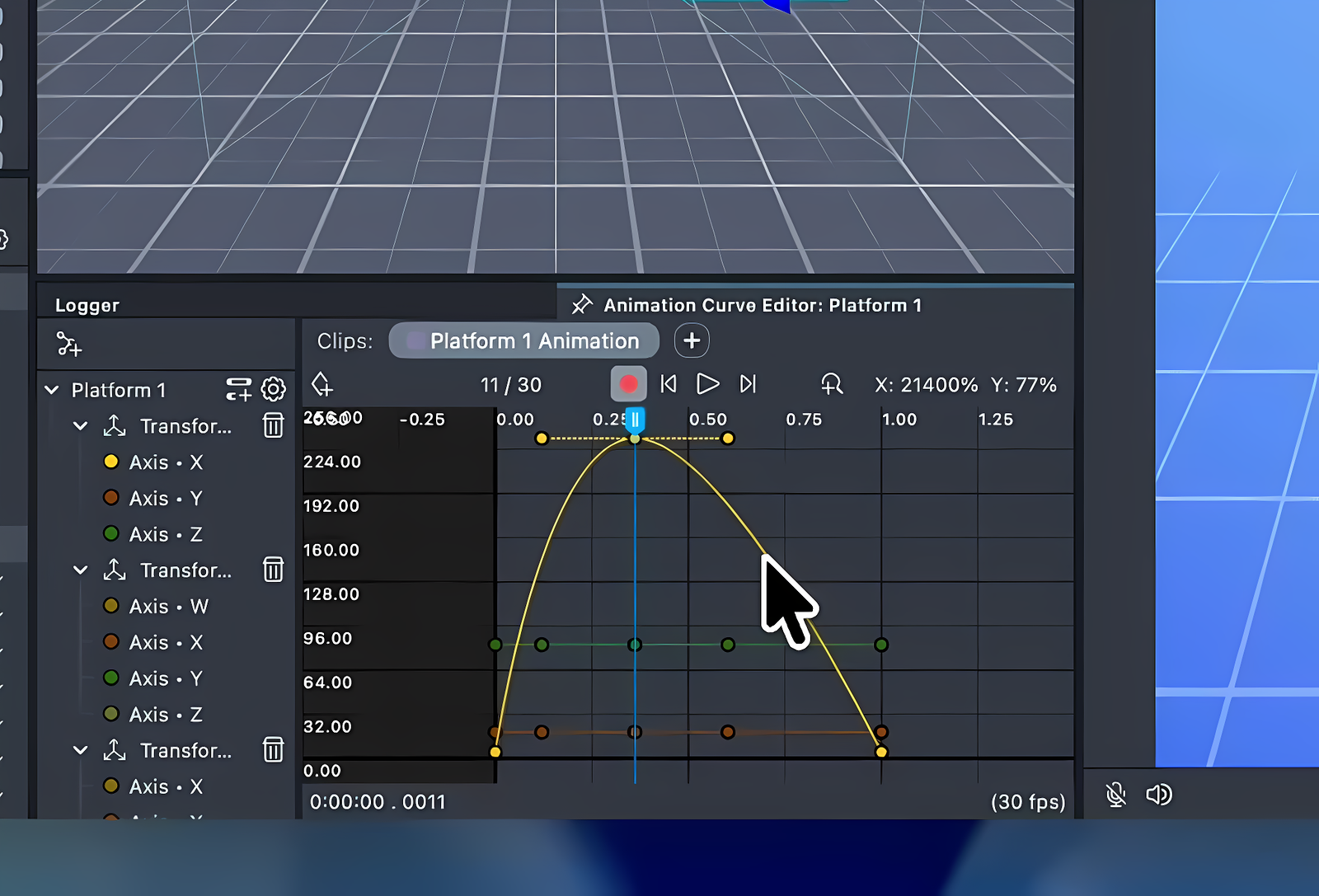 Curve canvas after recording—the Z-axis track in yellow shows a smooth Bezier arc from a transform drag, while other tracks remain flat. Press Z to fit the view to the curves.