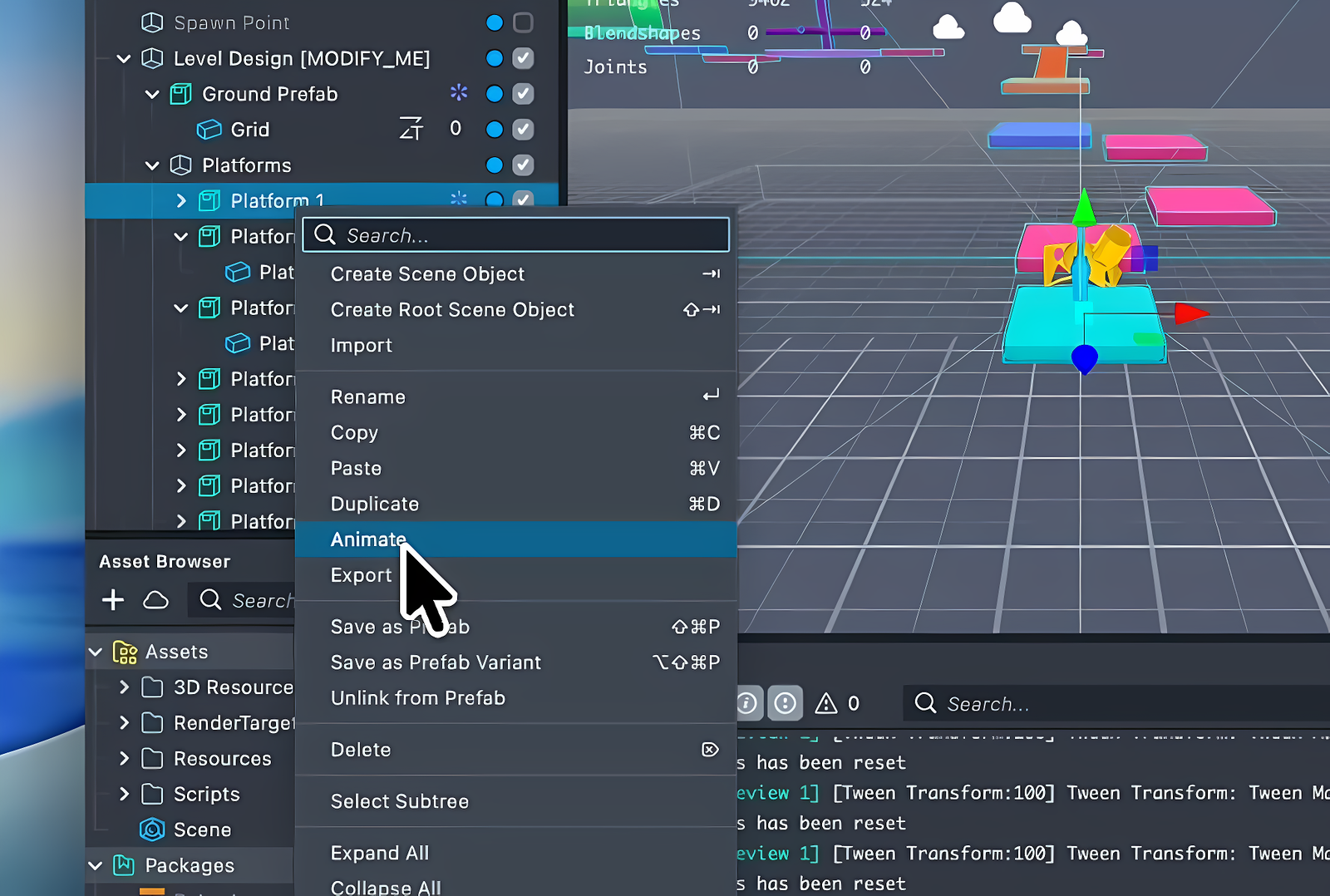 Scene Hierarchy context menu with "Animate" highlighted
