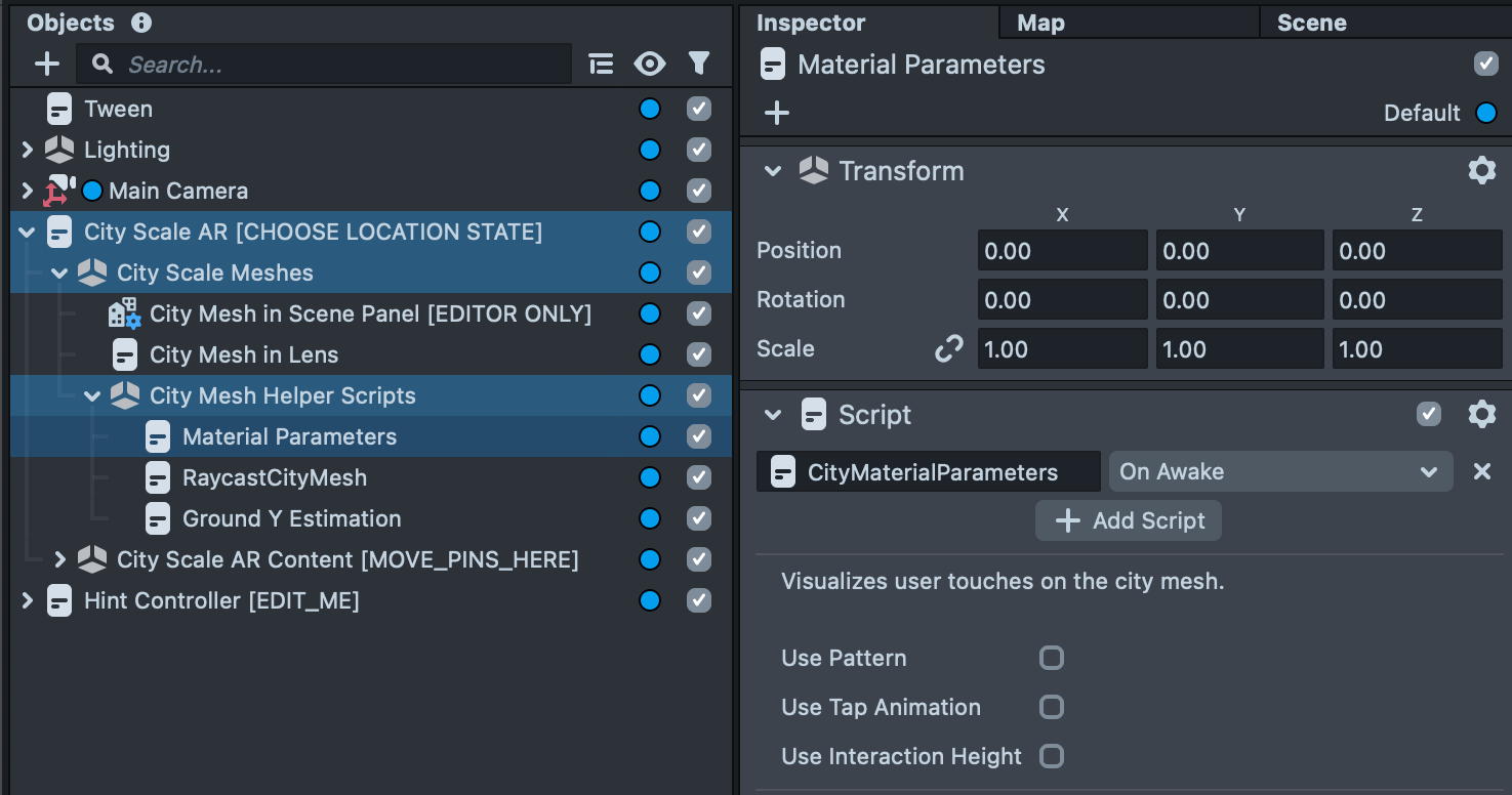 Objects panel hierarchy location of City Material Parameters.