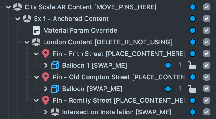 the objects panel in Lens Studio displaying preconfigured Pins
