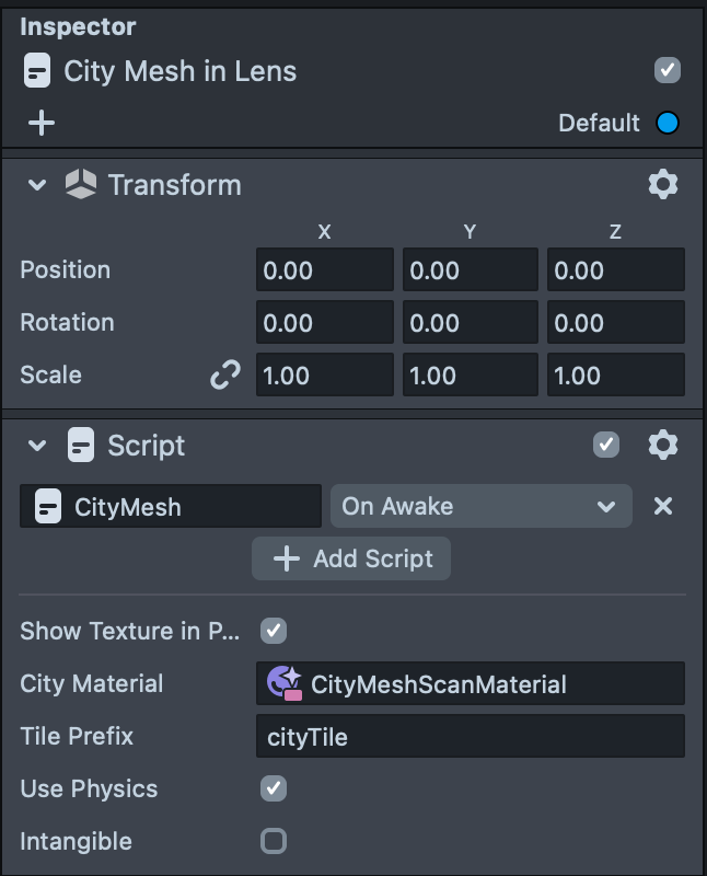 Image of the City Material input in the City Mesh Inspector Panel.