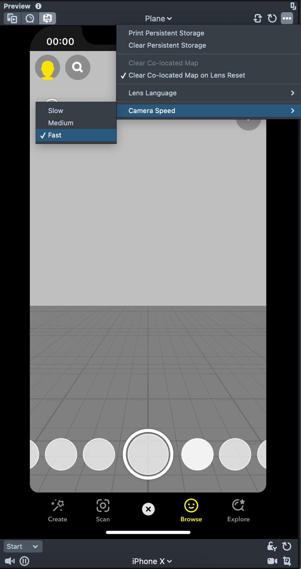 the preview panel with Y unlocked and camera speed menu open