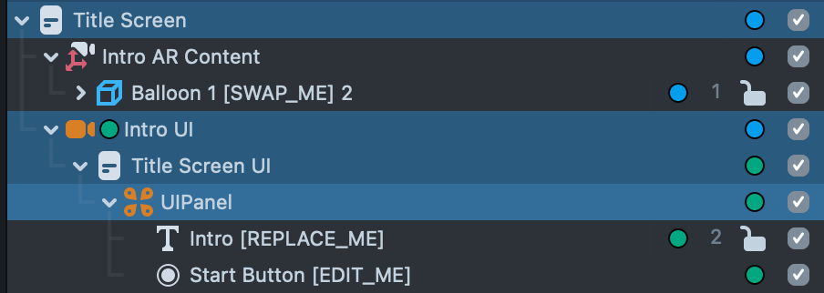the Objects panel hierarchy of Title Screen