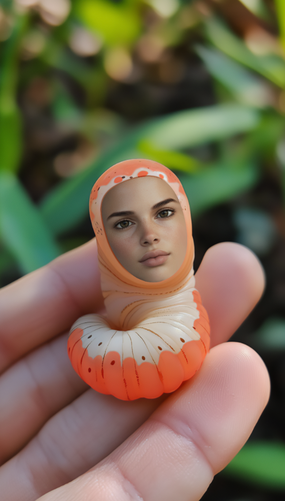A worm with a human face laying on a hand with blurry grass background