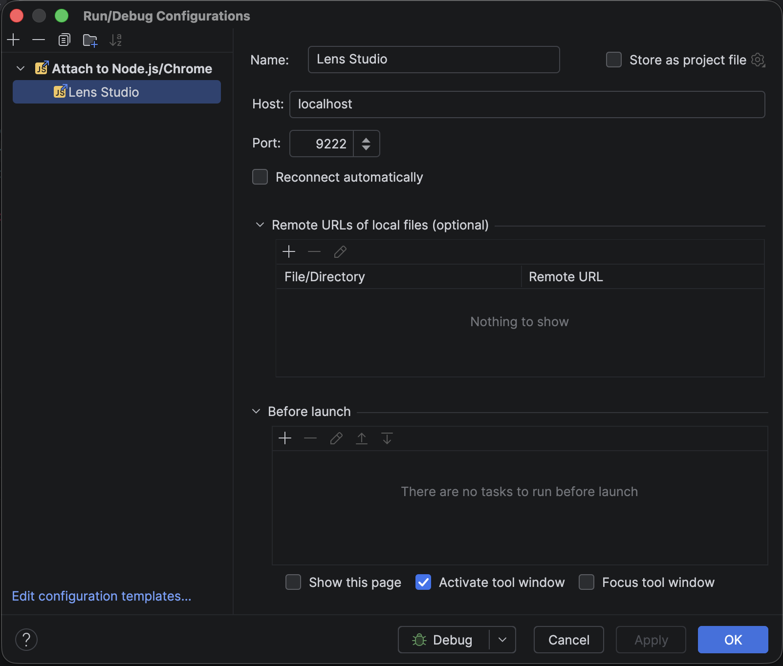 IntelliJ Attach to Node.js/Chrome run/debug configuration with host localhost and port 9222